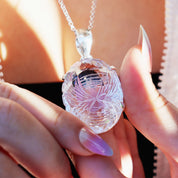clear quartz oval etched silver gemstone pendant
