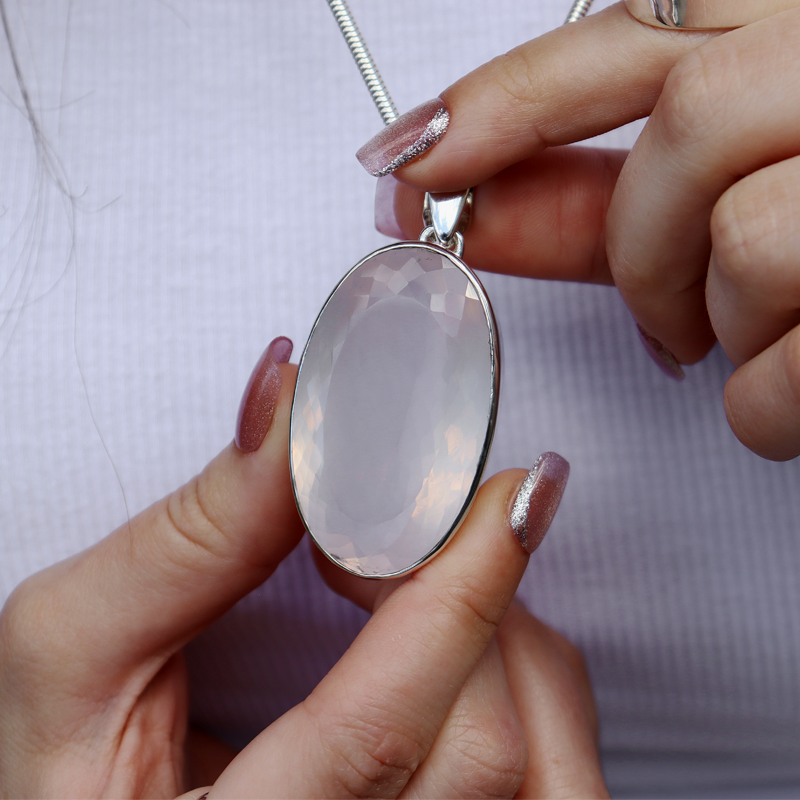 large oval rose quartz silver gemstone pendant