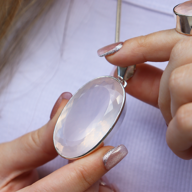 large oval rose quartz silver gemstone pendant