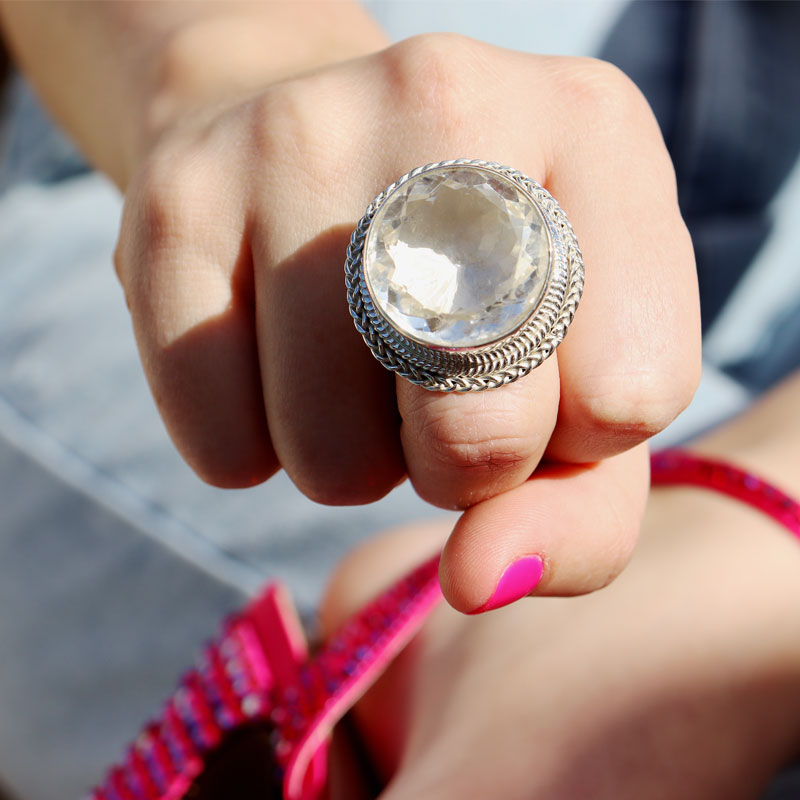 clear quartz large statement silver gemstone ring