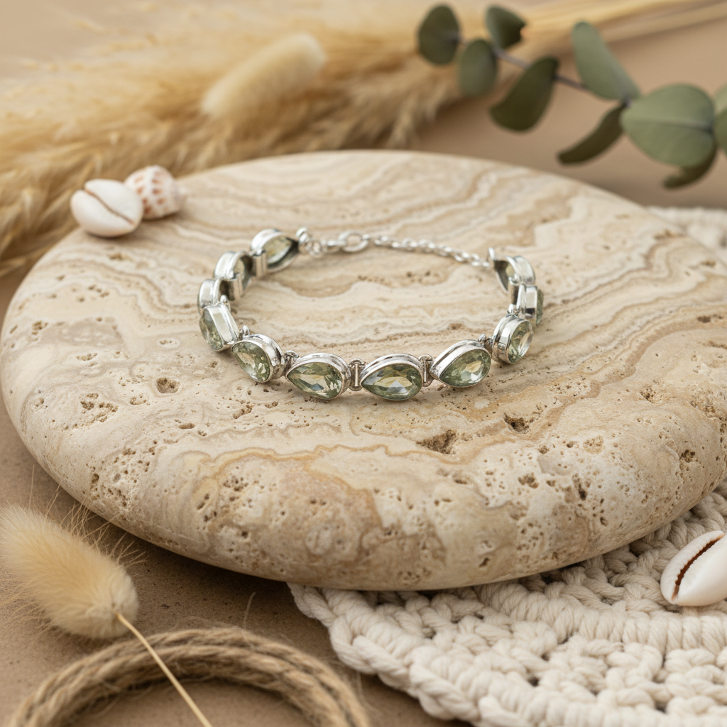 teardrop green amethyst sterling silver bracelet