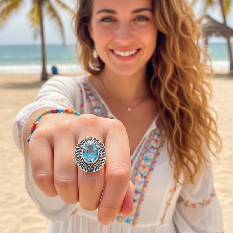 blue topaz oval sterling silver gemstone ring