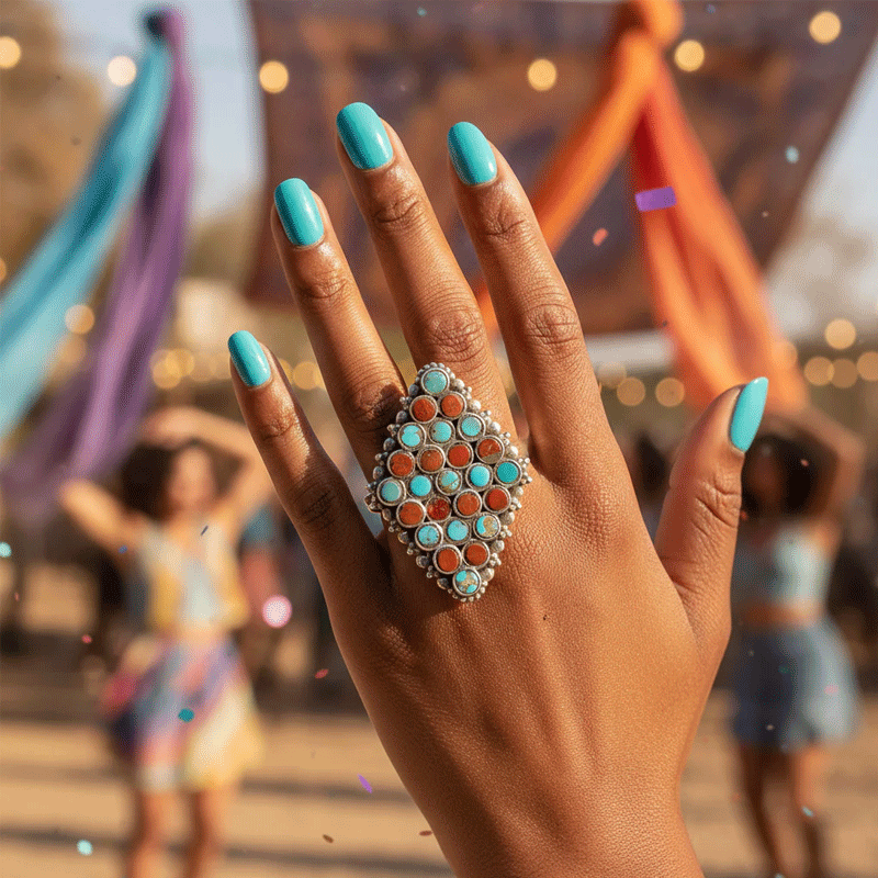turquoise and coral sterling silver gemstone ring