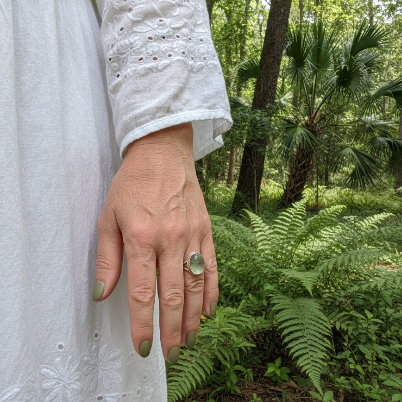 oval prehnite sterling silver gemstone ring