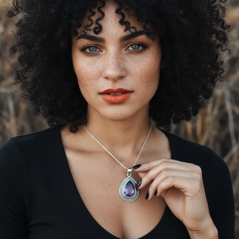 teardrop amethyst sterling silver pendant