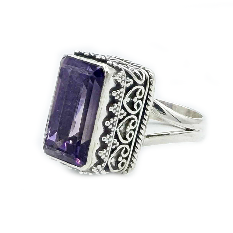 emerald cut amethyst sterling silver gemstone ring