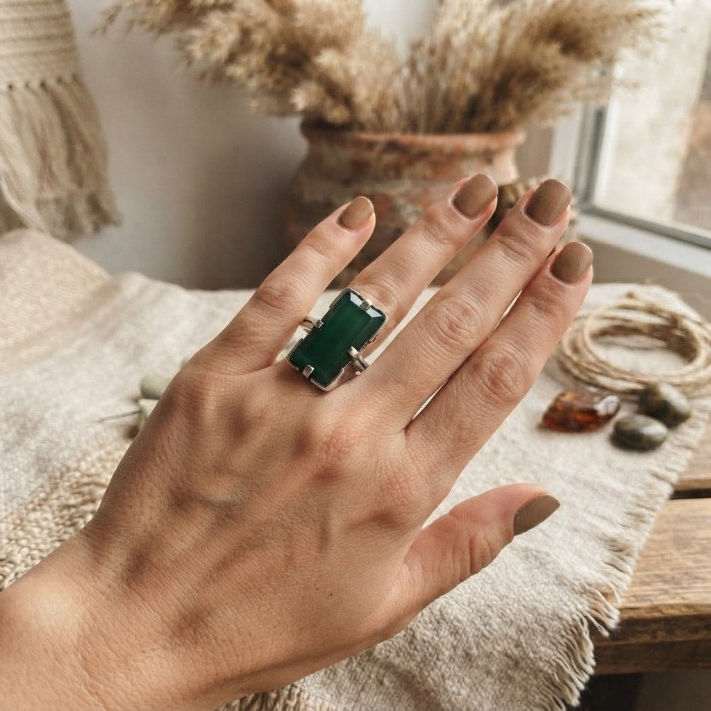 Green Carnelian Emerald Cut Ring
