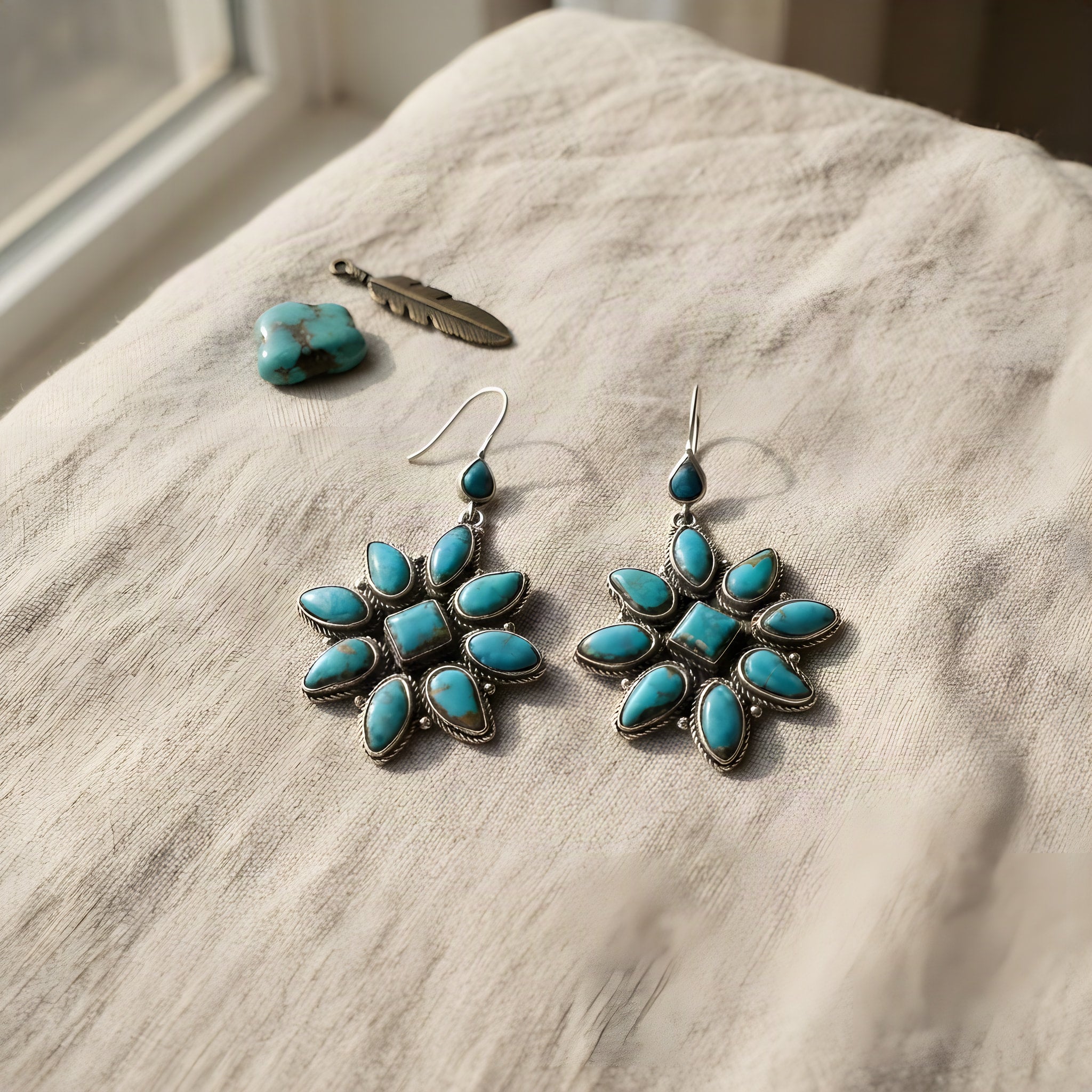 Chunky Boho Turquoise Gemstone Earrings, linen flat lay scene