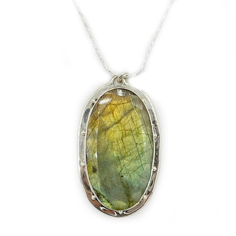 large labradorite oval gemstone sterling silver pendant with chain