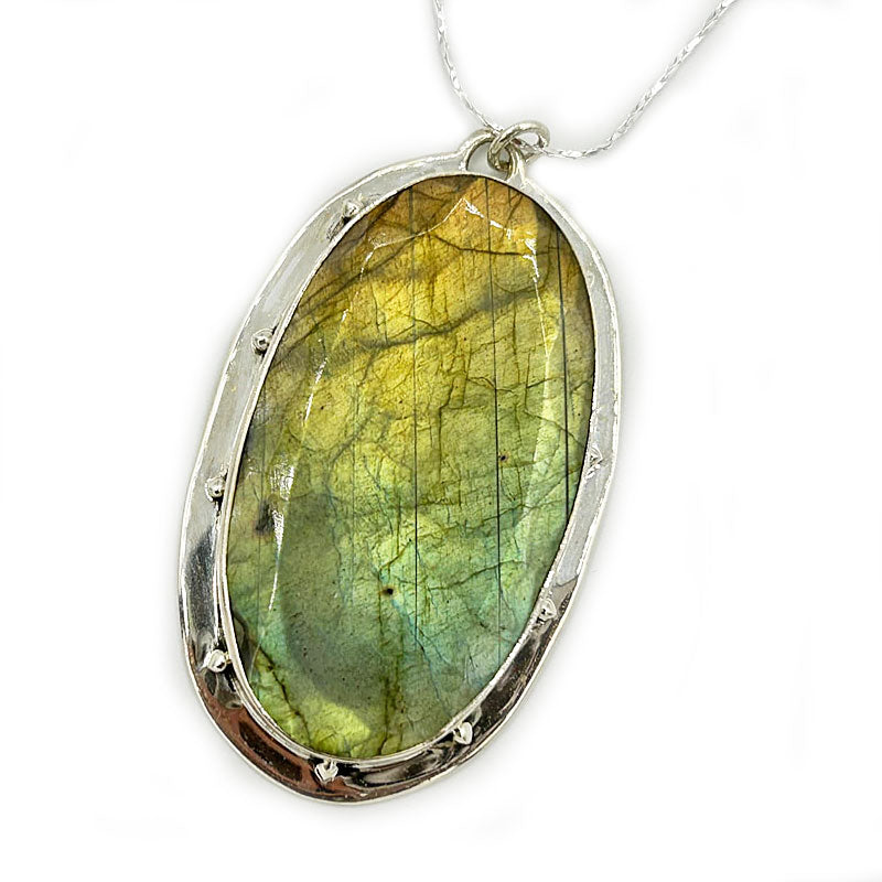 large labradorite oval gemstone sterling silver pendant with chain