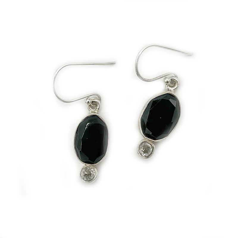 black onyx clear quartz sterling silver drop earrings