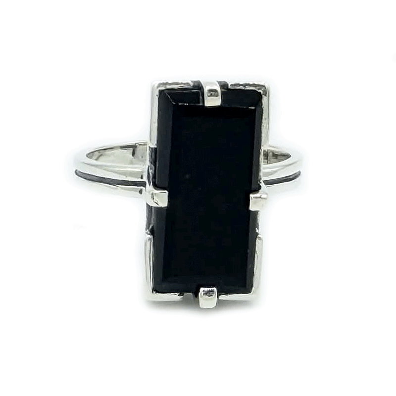 black onyx emerald cut sterling silver gemstone ring