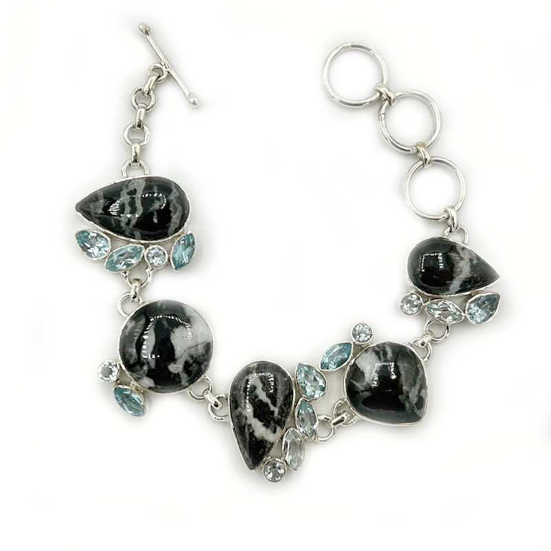 black onyx blue topaz sterling silver gemstone bracelet