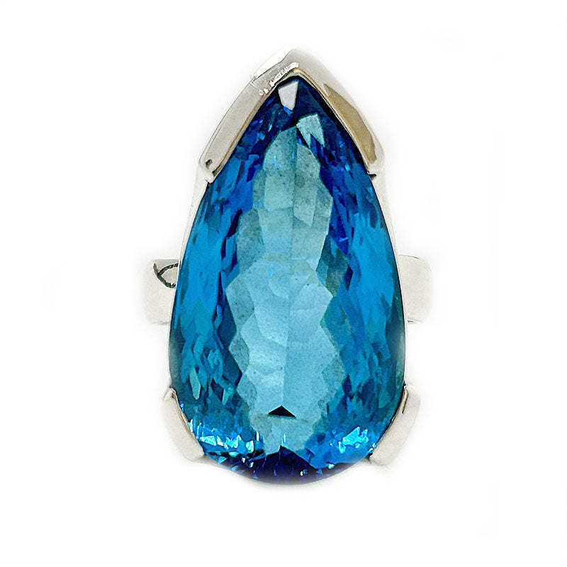 large teardrop swiss blue topaz silver gemstone ring