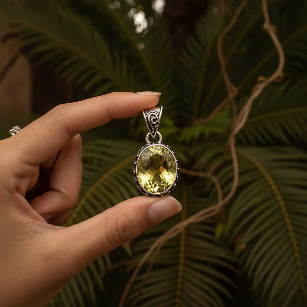 lemon quartz oval sterling silver pendant