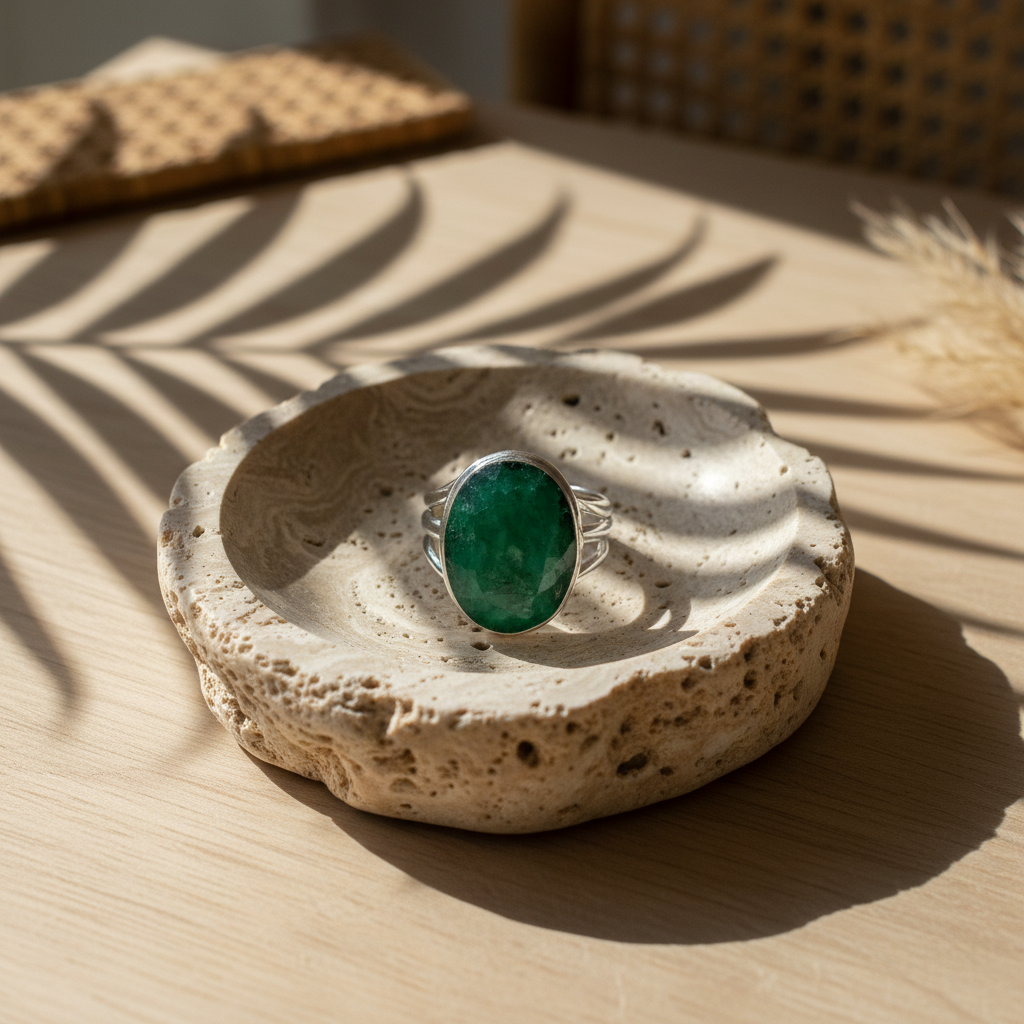 oval emerald quartz sterling silver gemstone ring