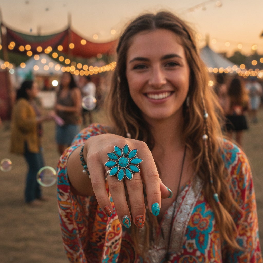 turquosie flower sterlilng silver ring