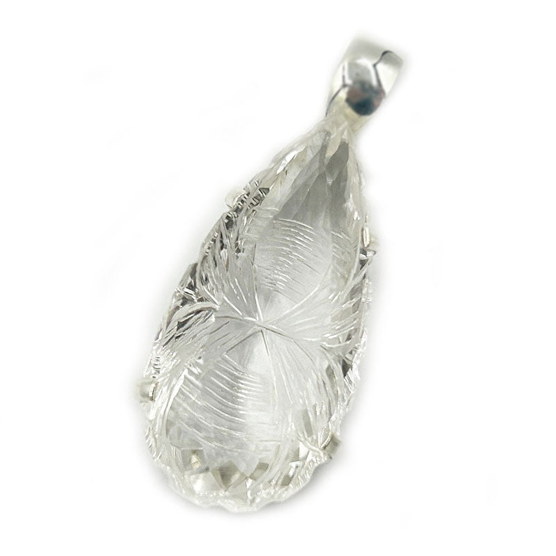 clear quartz teardrop etched silver gemstone pendant