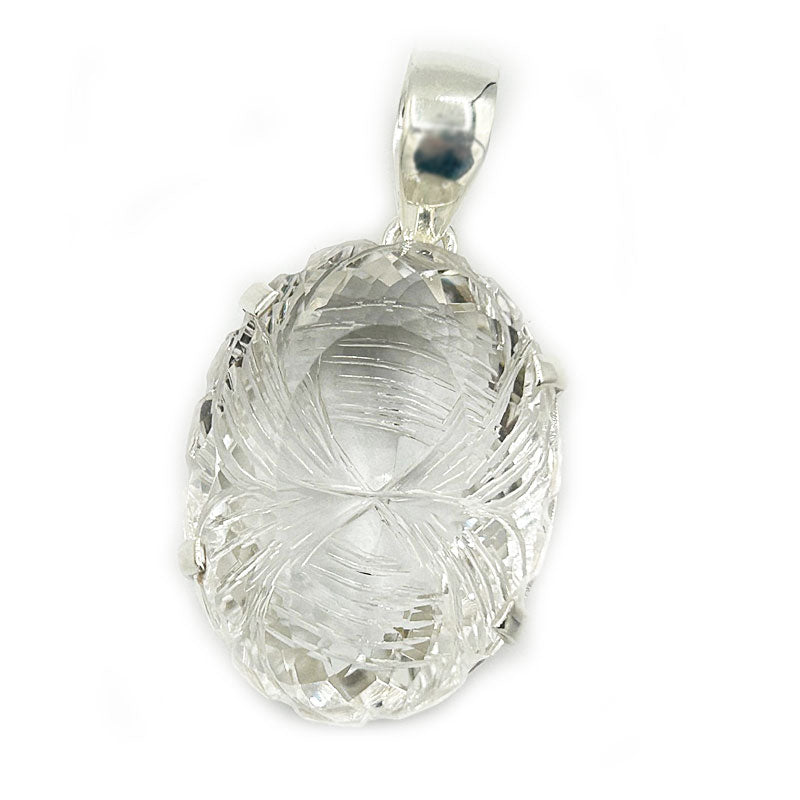clear quartz oval etched silver gemstone pendant