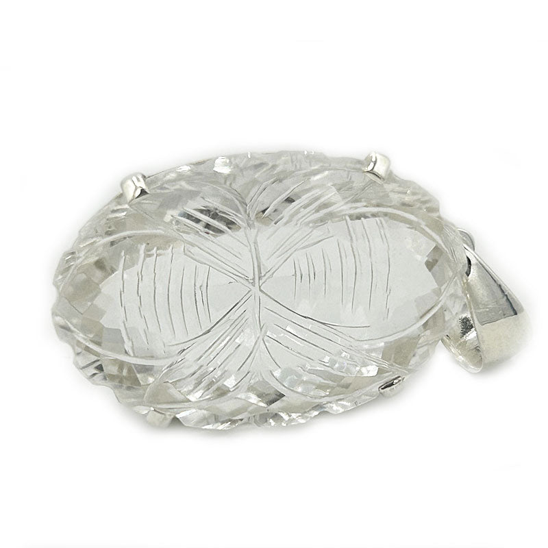 clear quartz oval etched silver gemstone pendant