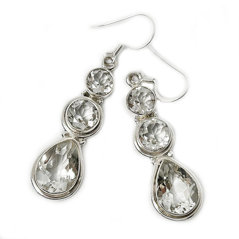 clear quartz triple drop sterling silver earrings