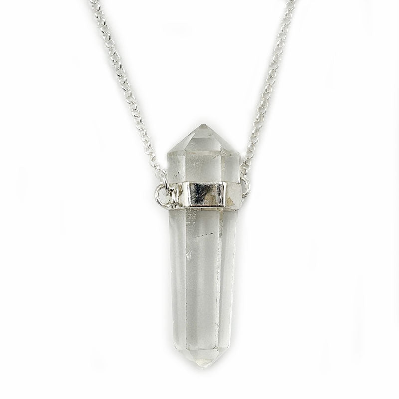 clear quartz point silver necklace
