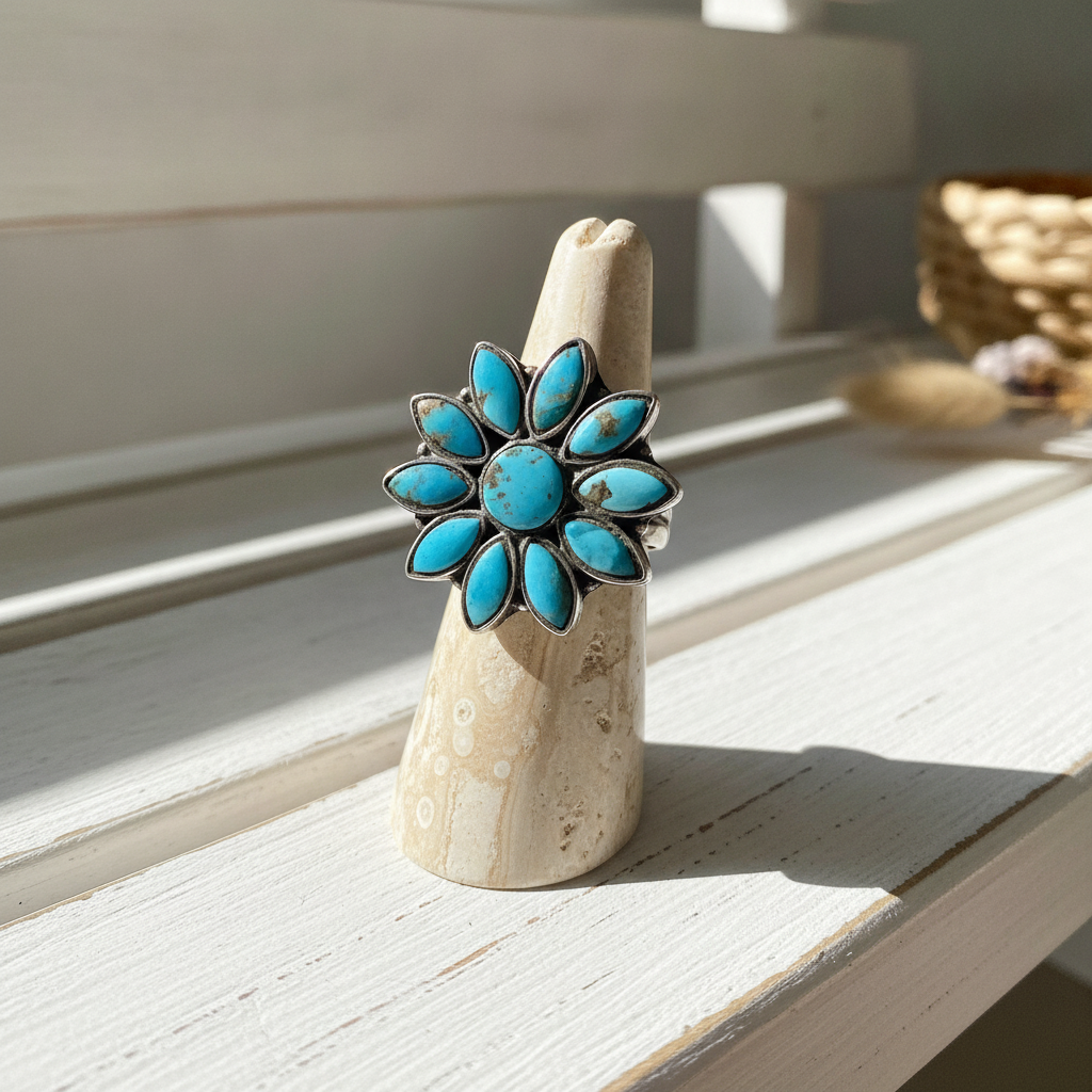 turquosie flower sterlilng silver ring