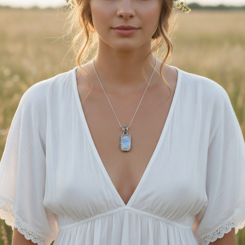 moonstone rectangle sterling silver pendant