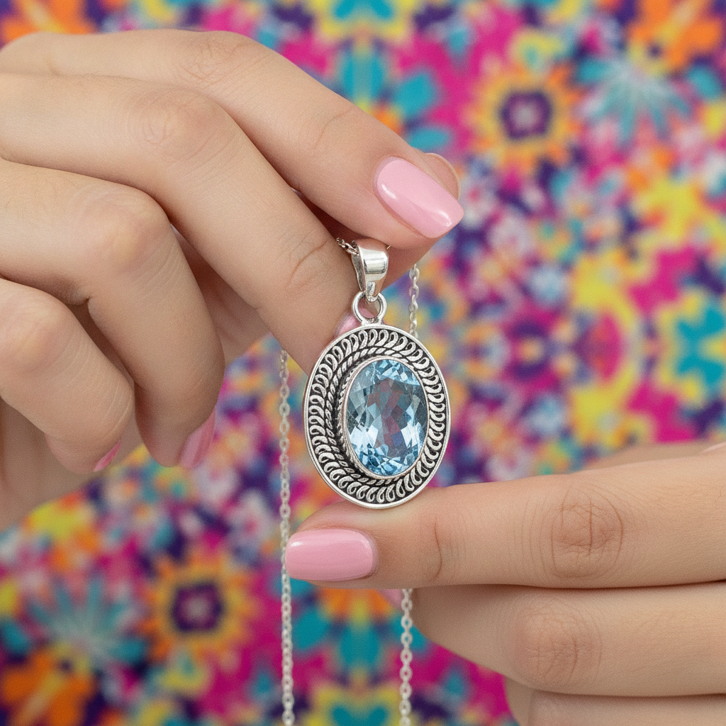 blue topaz oval sterling silver gemstone pendant