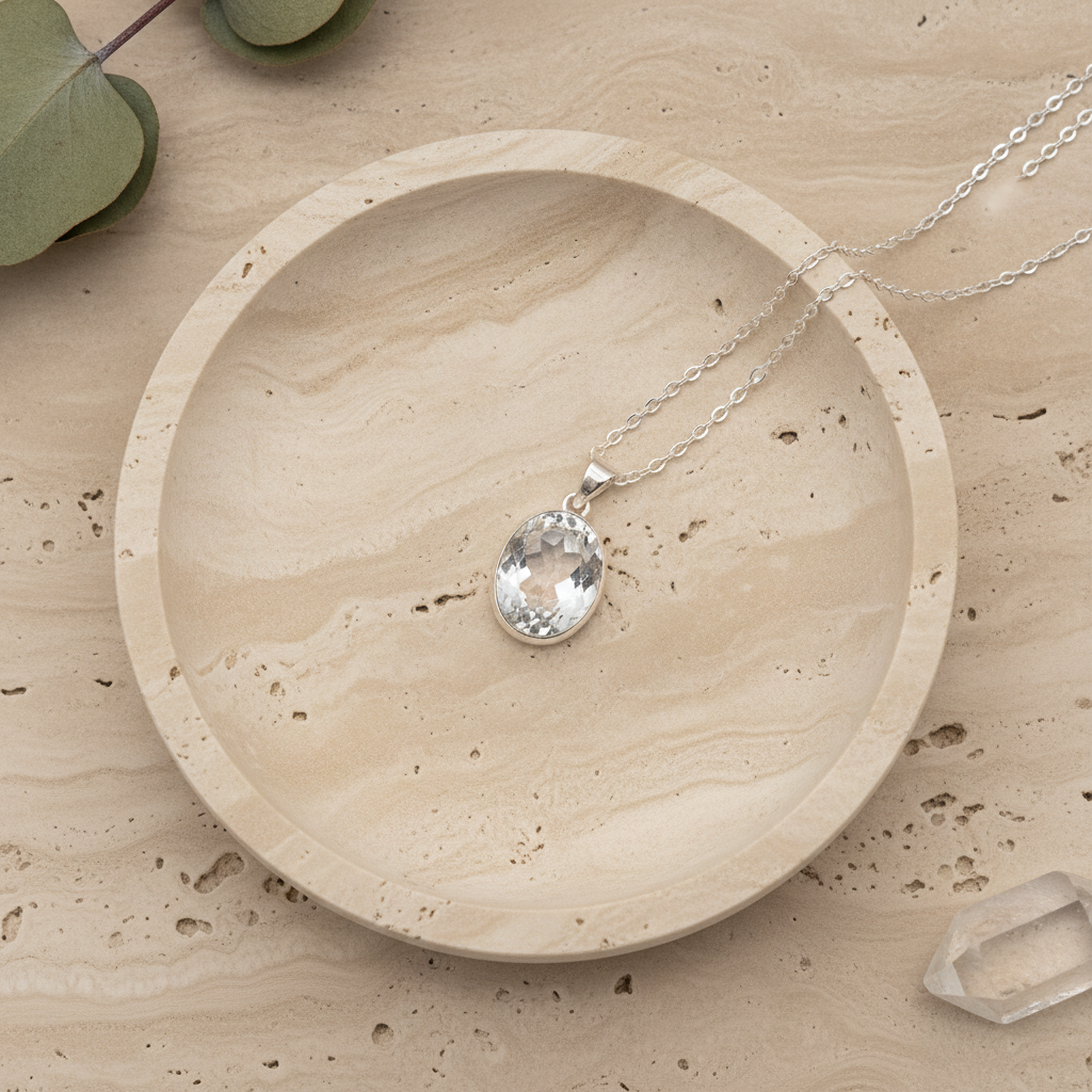 oval clear quartz sterling silver pendant