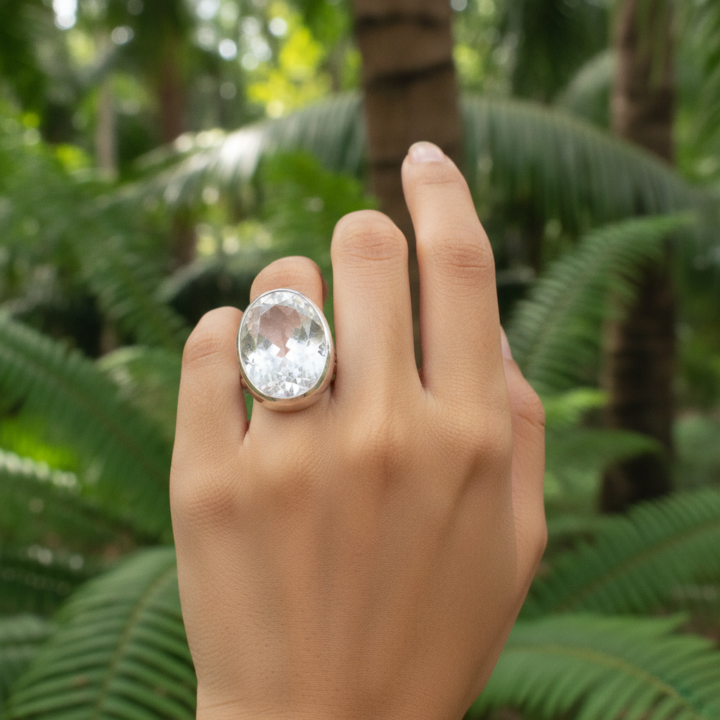 oval clear quartz sterling silver ring