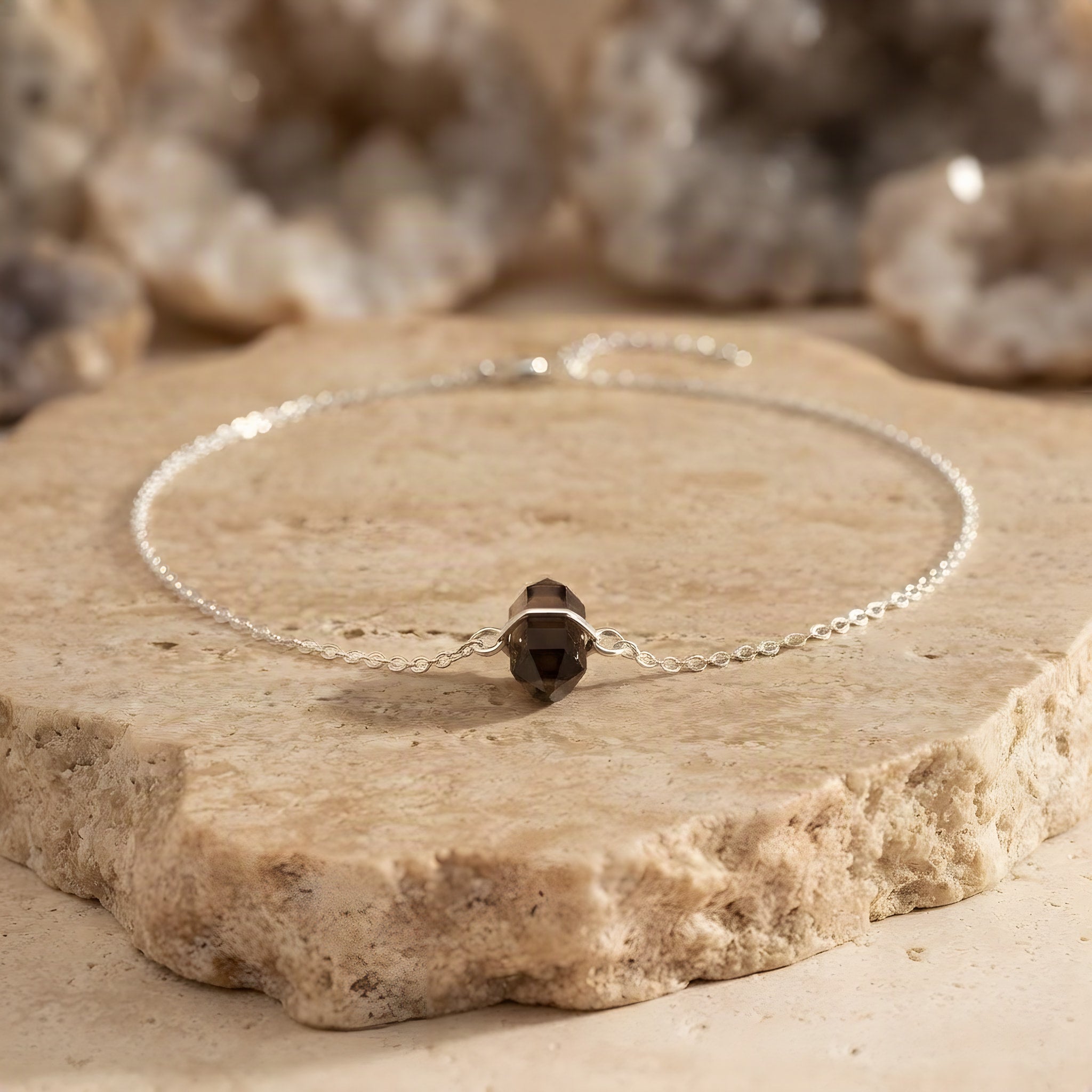 Mini Smoky Quartz Choker Necklace, mineral detail scene