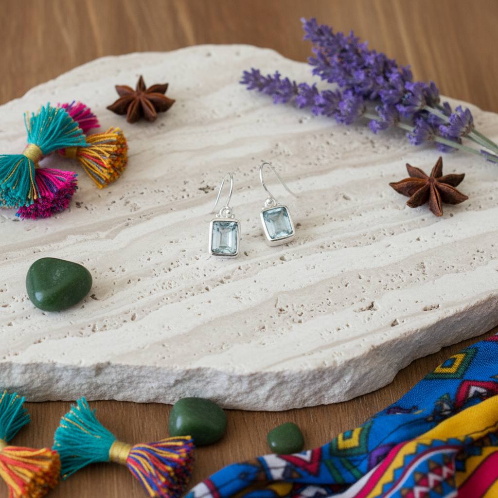 blue topaz emerald cut sterling silver earrings