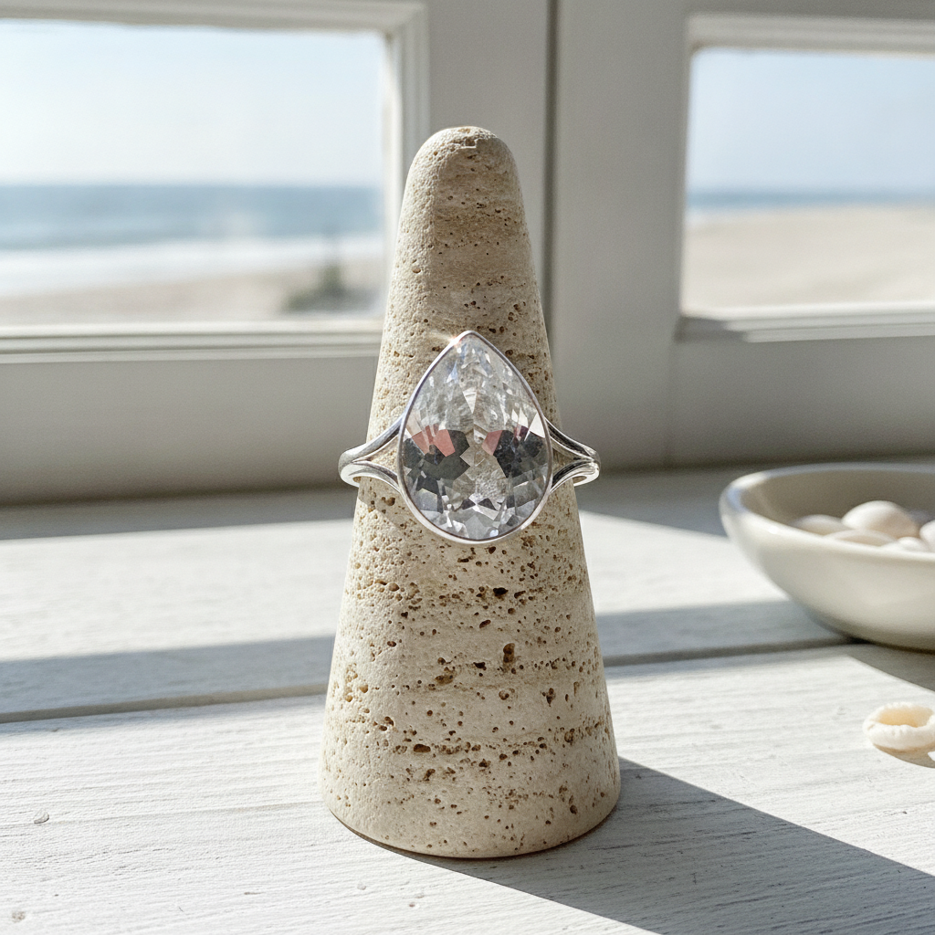 teardrop clear quartz sterling silver ring