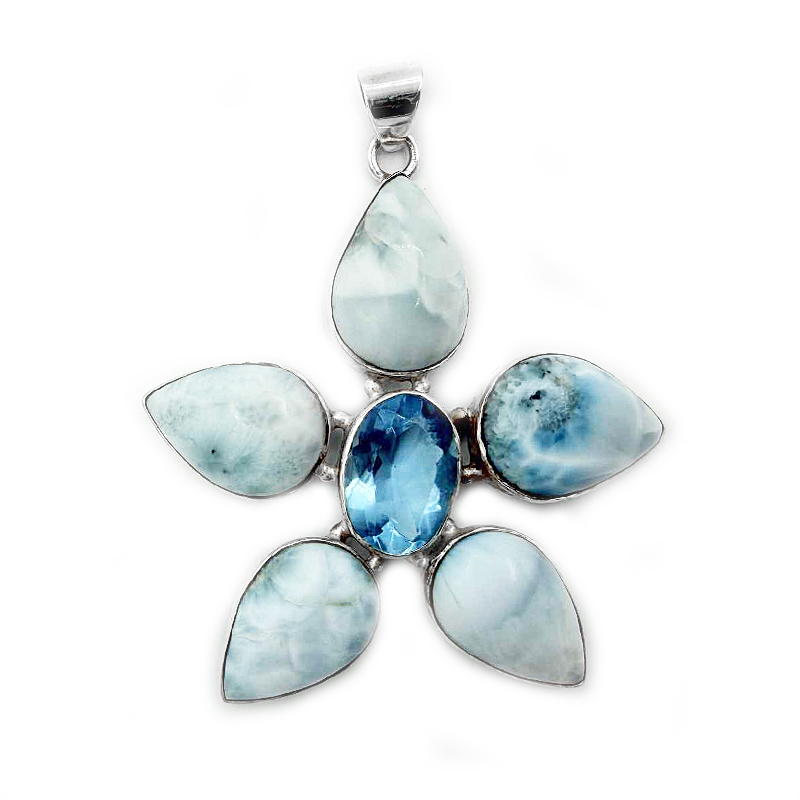 big flower larimar blue topaz sterling silver pendant