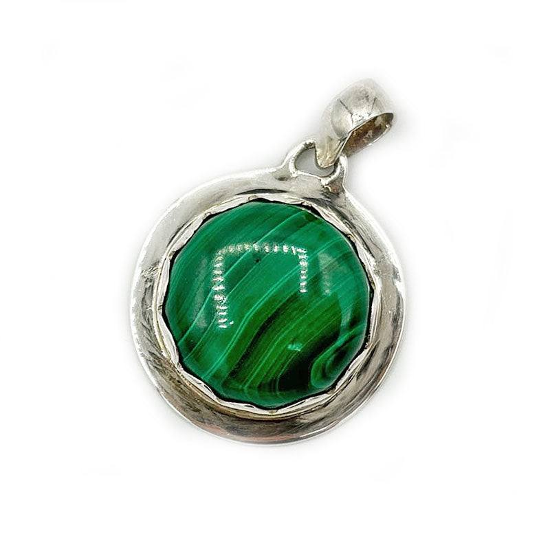 round malachite gemstone sterling silver pendant
