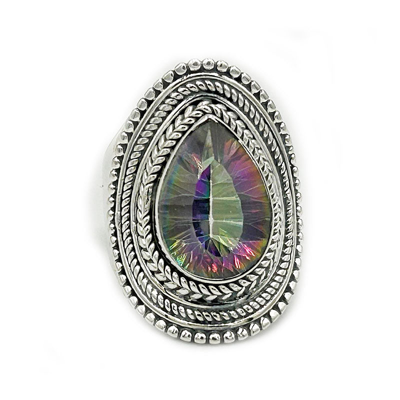 mystic topaz teardrop silver gemstone ring