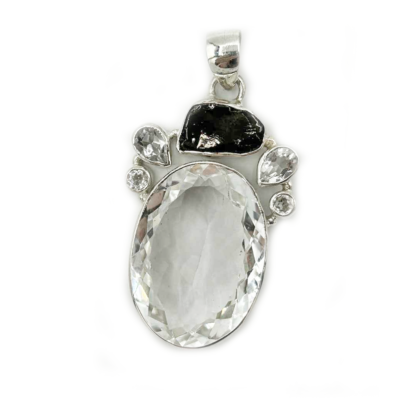 clear quartz hematite sterling silver pendant