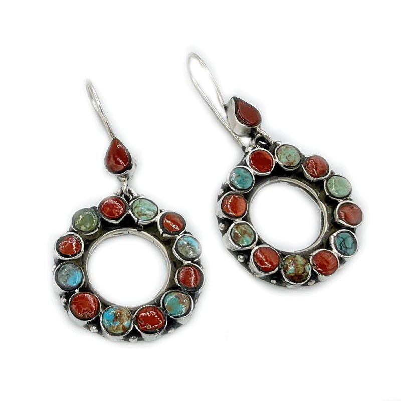 turquoise coral sterling silver boho style earrings