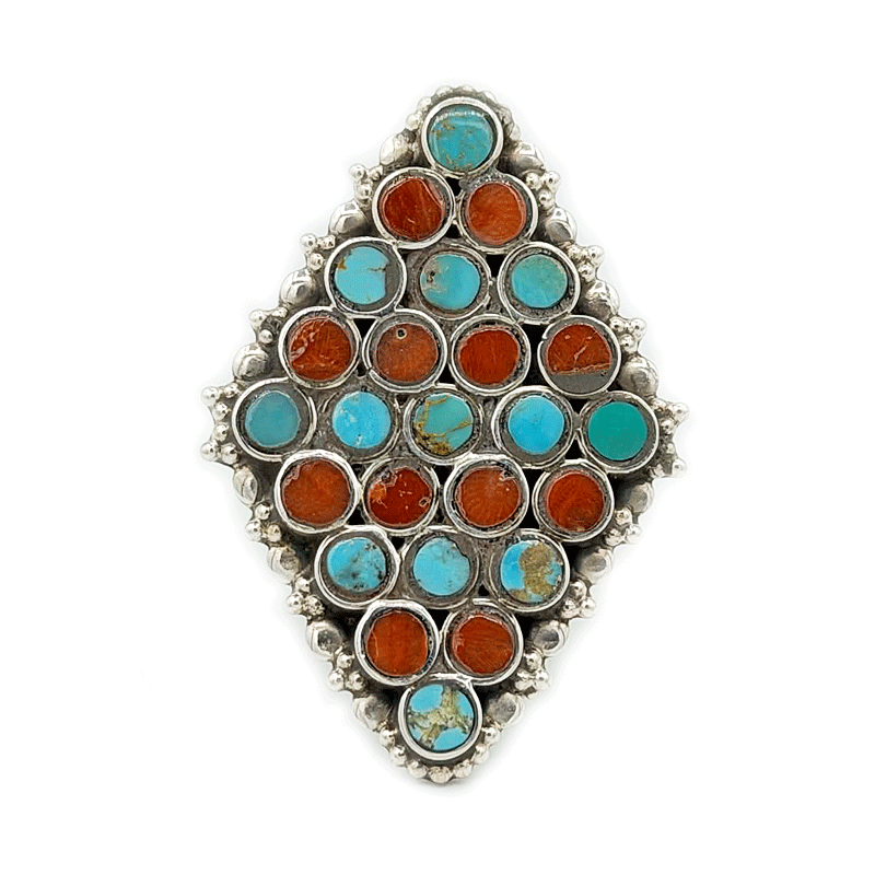 turquoise and coral sterling silver gemstone ring
