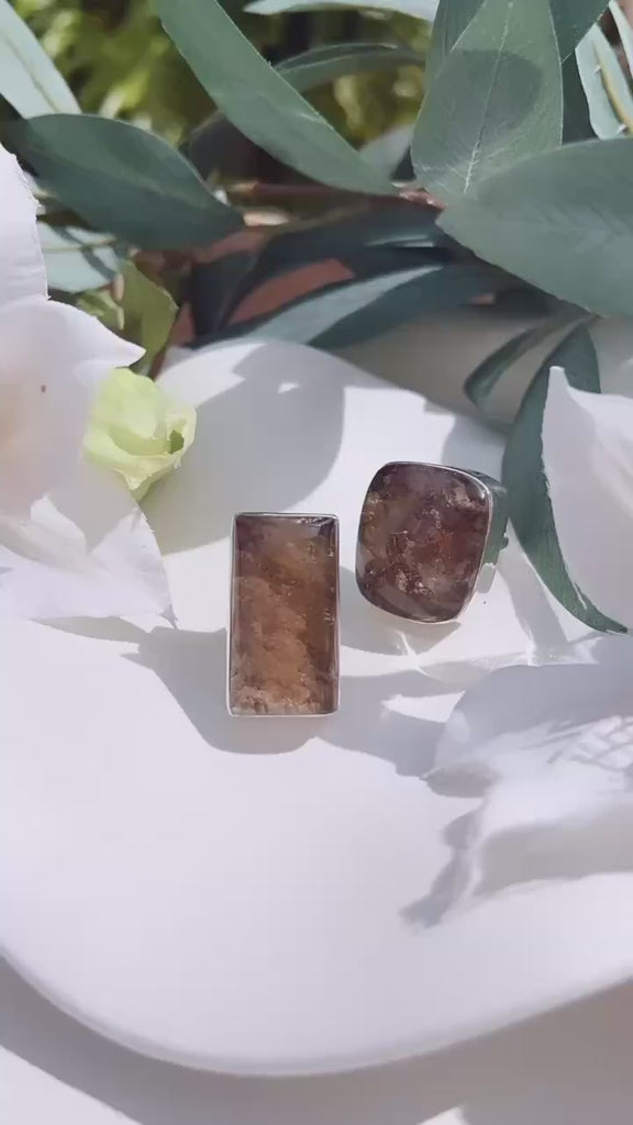 large rectangle garden quartz silver gemstone ring