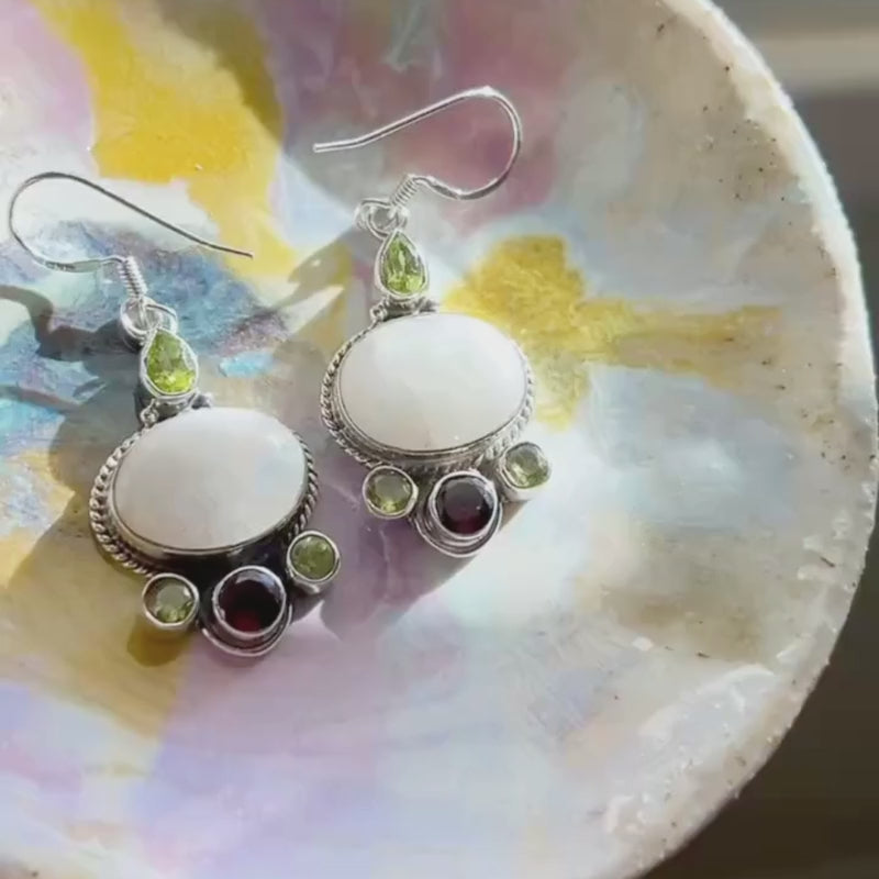 Moonstone Peridot Garnet Gemstone Earrings