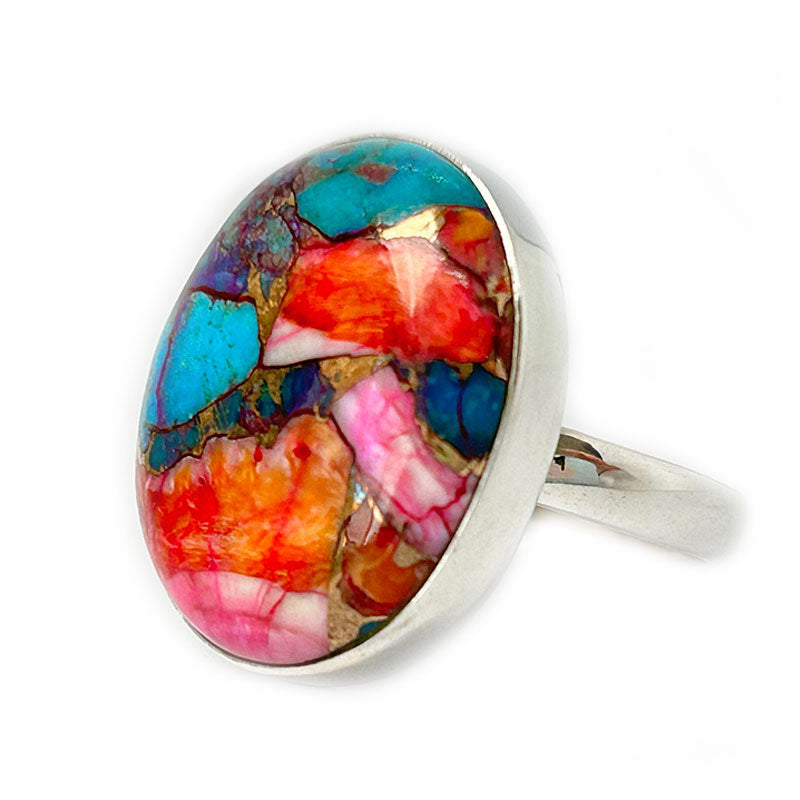 pink dahlia turquoise copper silver gemstone ring