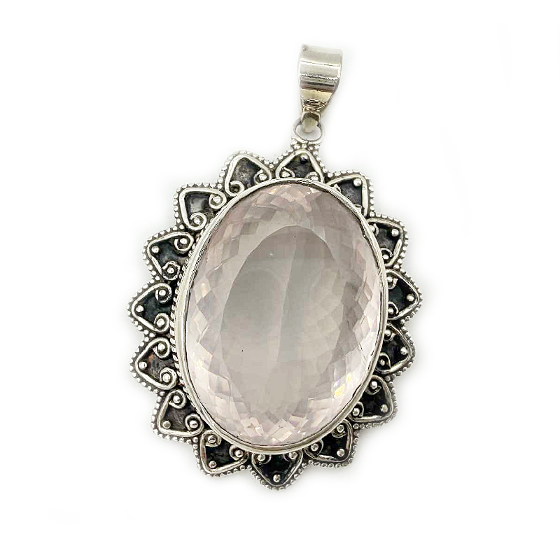 rose quartz oval sterling silver gemstone pendant
