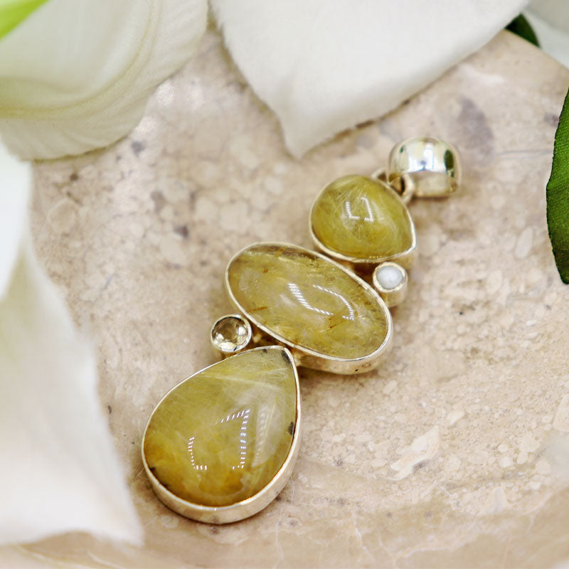 golden rutilated quartz sterling silver gemstone pendant