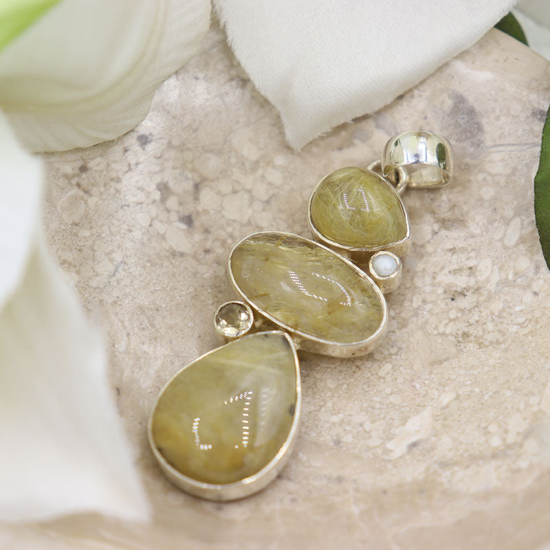 golden rutilated quartz sterling silver gemstone pendant