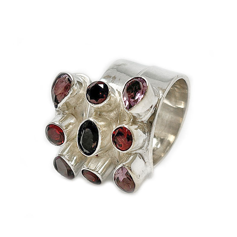 garnet amethyst smoky quartz sterling silver ring