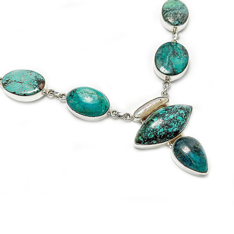 turquoise biwa pearl handmade gemstone silver necklace