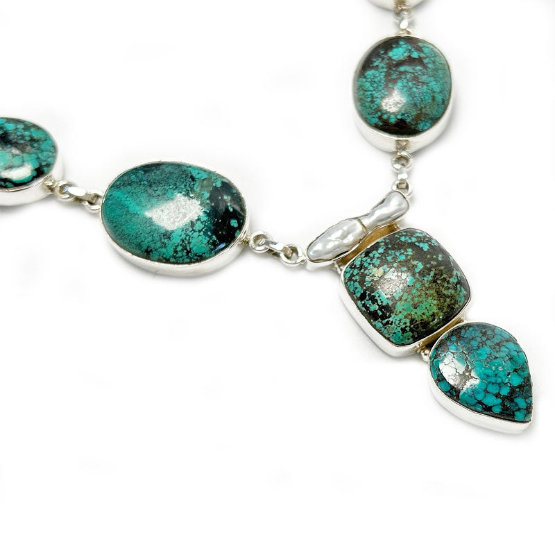 turquoise biwa pearl gemstone handmade silver necklace