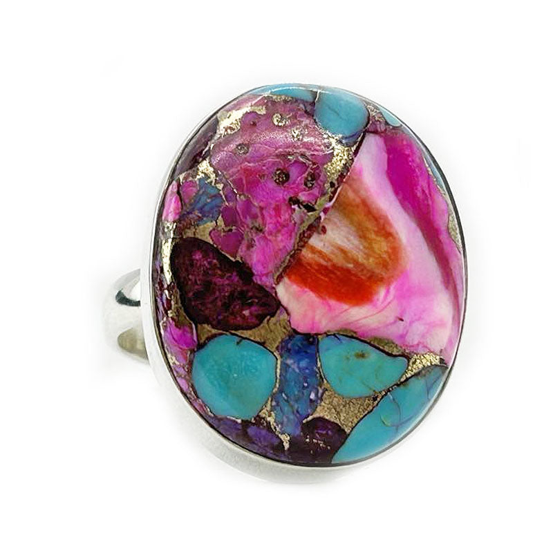 pink dahlia copper turquoise silver gemstone ring